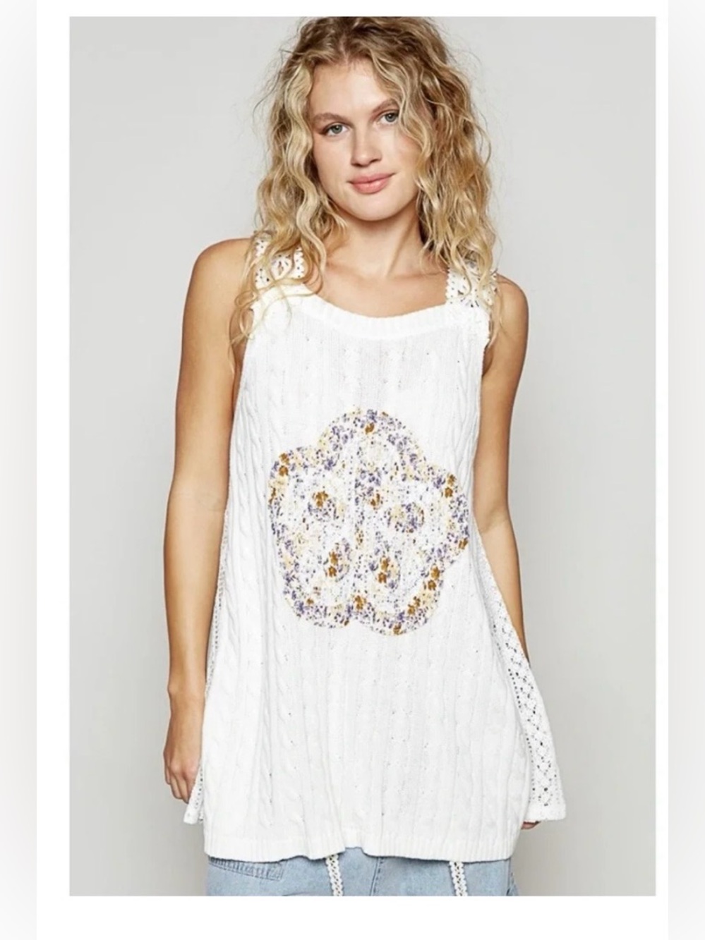 POL White Crochet Tank with Floral Medallion